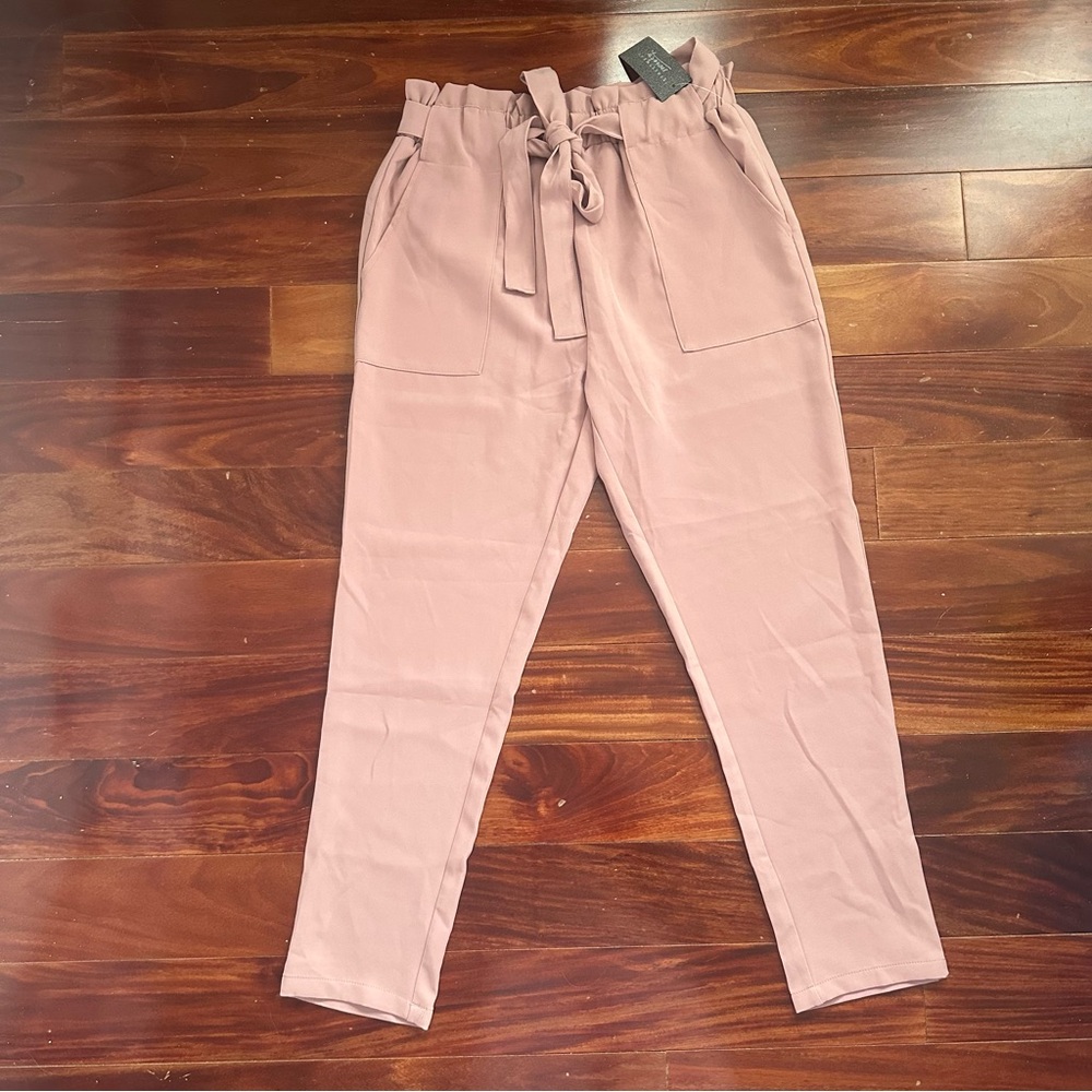 Blush Pink Elastic Waist Trousers with Tie Waist Detail Size L
